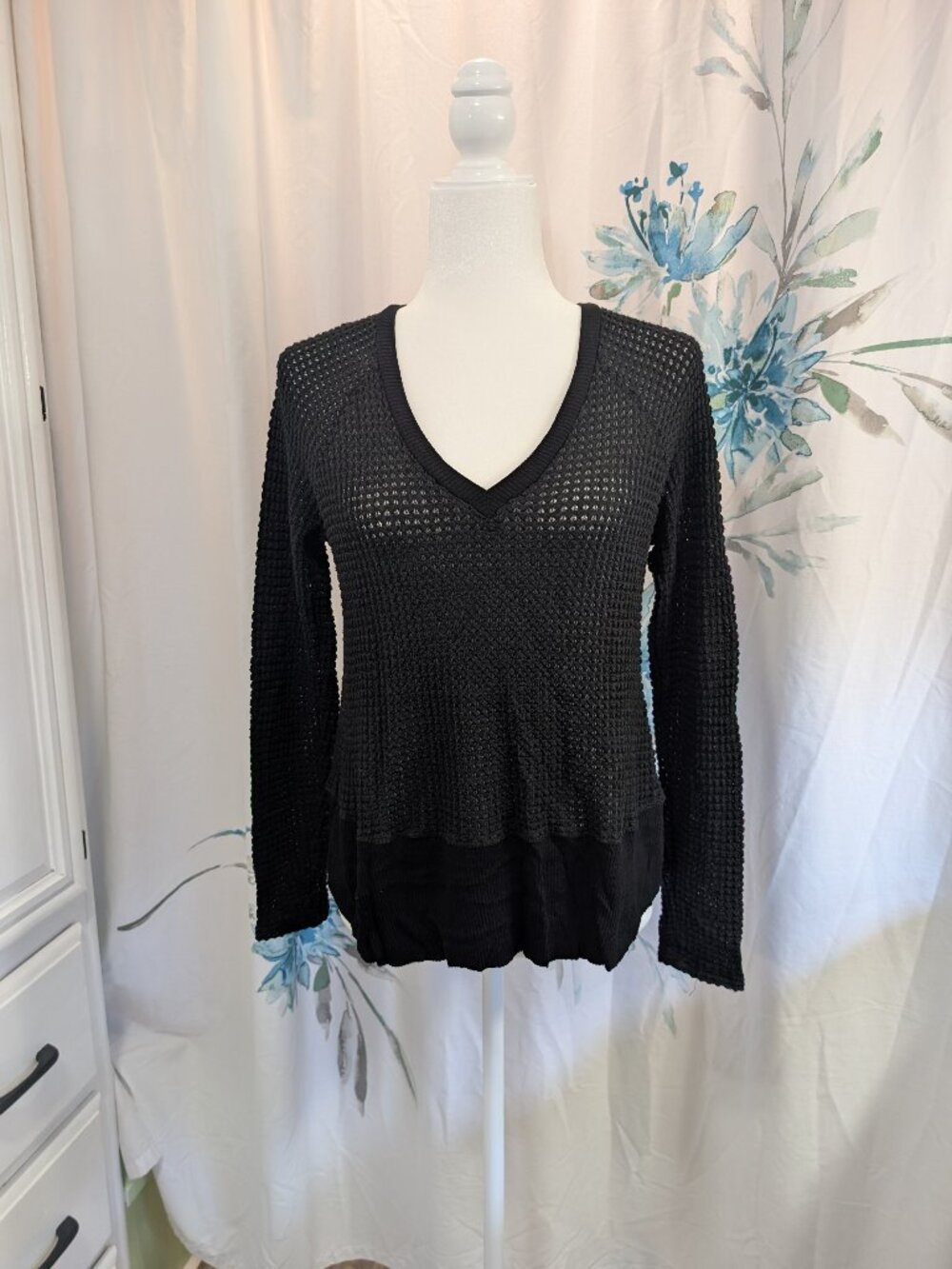 Whimsigoth Goth Punk Grunge Sleaze Y2K Fishnet Mesh Knit Black Long Sleeve Shirt